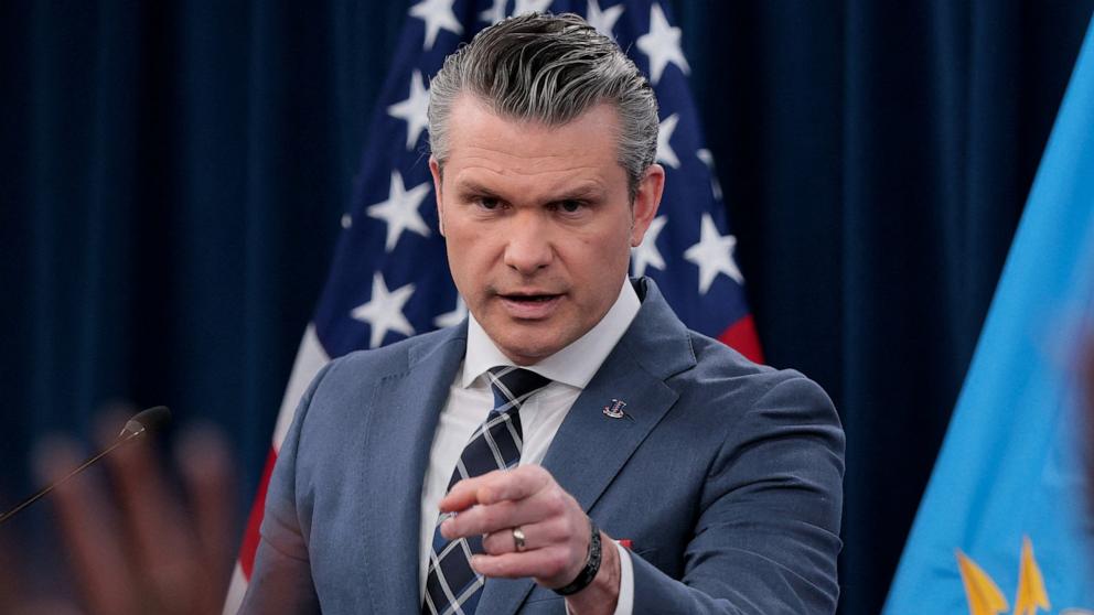 PHOTO: Secretary of Defense Pete Hegseth holds a briefing with Chairman of the Joint Chiefs of Staff General Dan Caine at the Pentagon in Washington,  March 19, 2026.