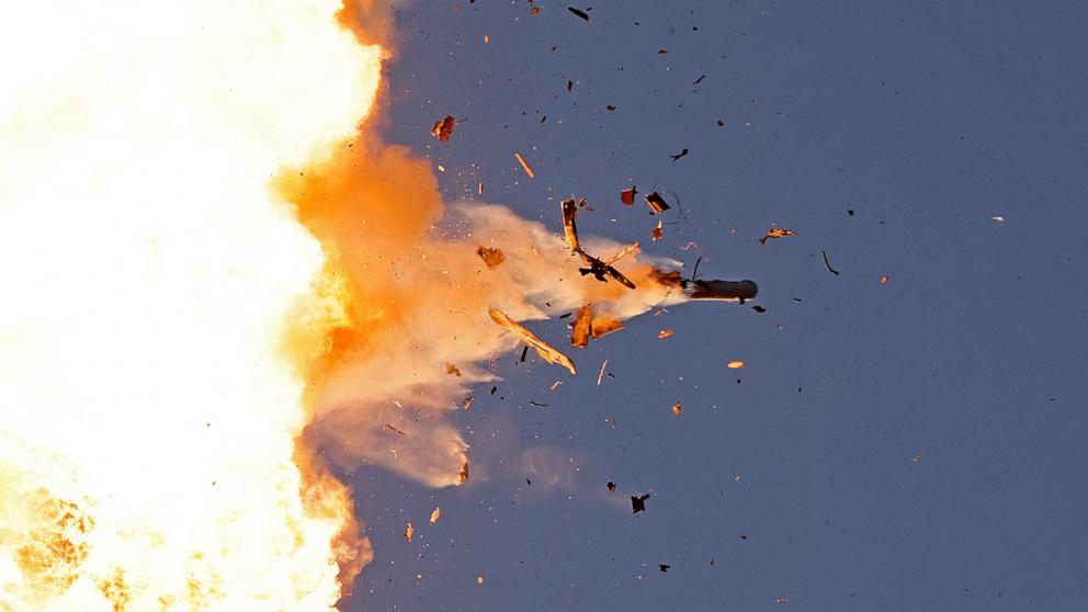 PHOTO: This photo taken from a position in northern Israel shows a Hezbollah UAV intercepted by Israeli air forces over north Israel on August 25, 2024. 