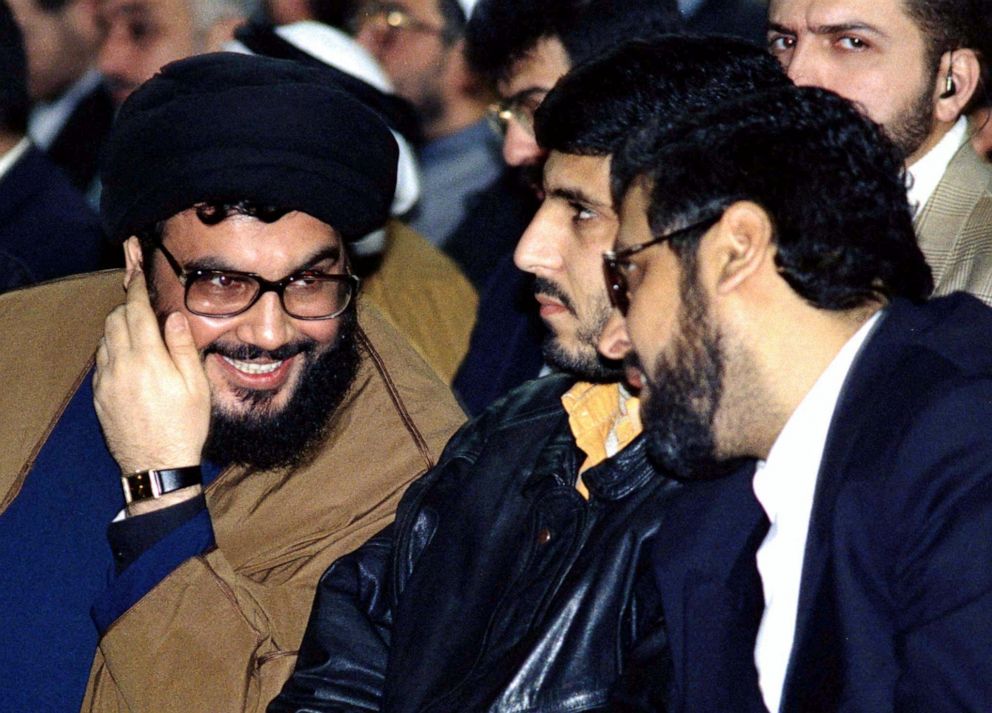 PHOTO: Lebanon's pro-Iranian Hezbollah chief, Sheikh Hassan Nasrallah, left, chats with Palestinian Islamic Jihad chief, Ramadan Shallah during a rally to mark Islamic Resistance Day at Hezbollah's stronghold in Beirut's suburbs, Lebanon, Feb. 16.