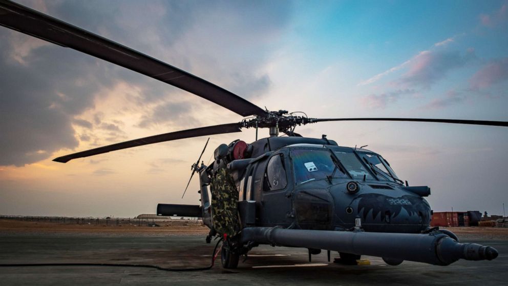 An HH-60 Pave Hawk on the flightline at Al Asad Air Base, Iraq, Feb. 13, 2017.