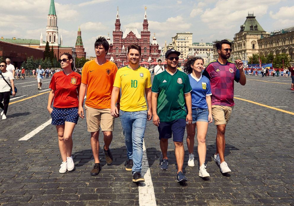 PHOTO: Six people subtly protested Russia's "anti-gay propaganda law" by wearing the colors of the rainbow pride flag during World Cup celebrations in Moscow.