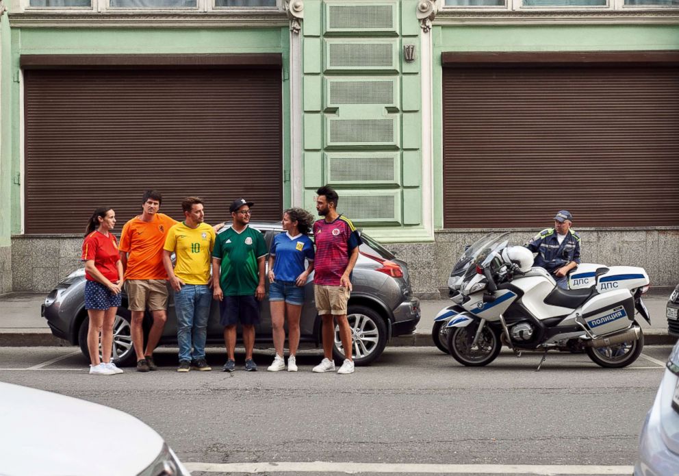 PHOTO: Six people subtly protested Russia's "anti-gay propaganda law" by wearing the colors of the rainbow pride flag during World Cup celebrations in Moscow.