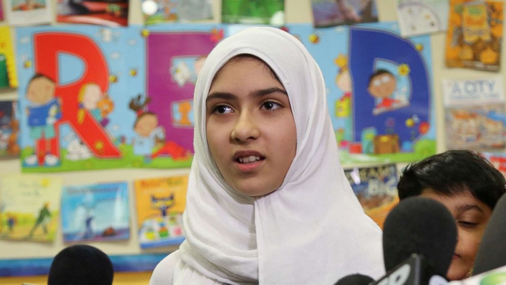 PHOTO: Khawlah Noman, 11, speaks to reporters at Pauline Johnson Junior Public School, after she told police that a man cut her hijab with scissors in Toronto, Ontario, Canada Jan. 12, 2018. The Toronto police are disputing her claim.