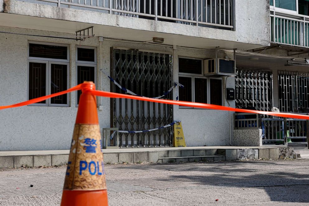 PHOTO: Cordons lines are seen outside a village house where part of Abby Choi's body was found, in Hong Kong, Feb. 27, 2023.