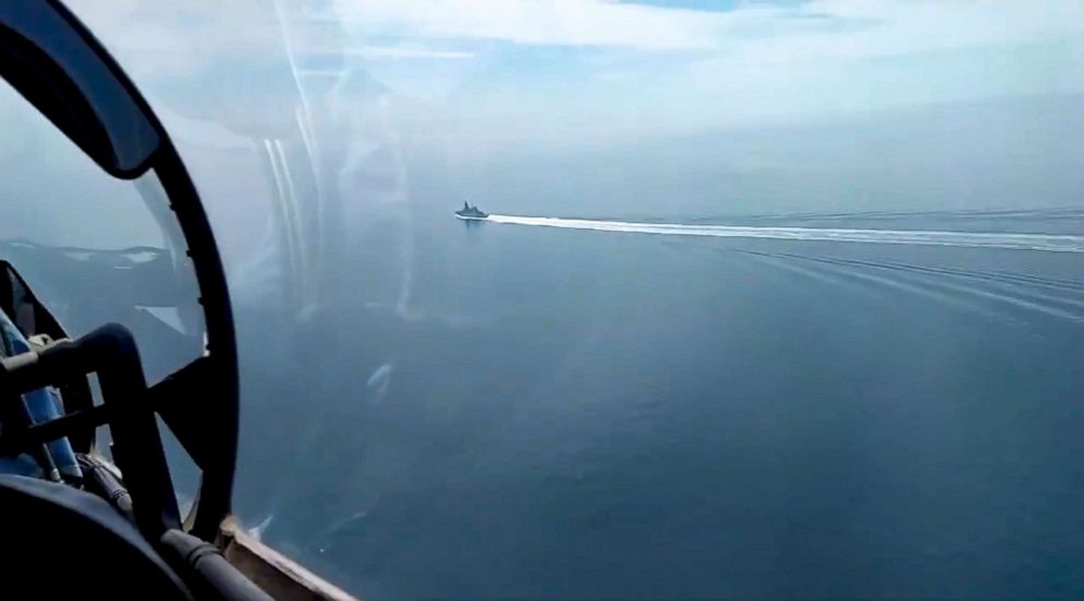 PHOTO: In this grab taken from a video released by the Russian Defense Ministry Press Service on Wednesday, June 23, 2021, a view of the British destroyer HMS Defender as it sails near Crimea in the Black Sea.