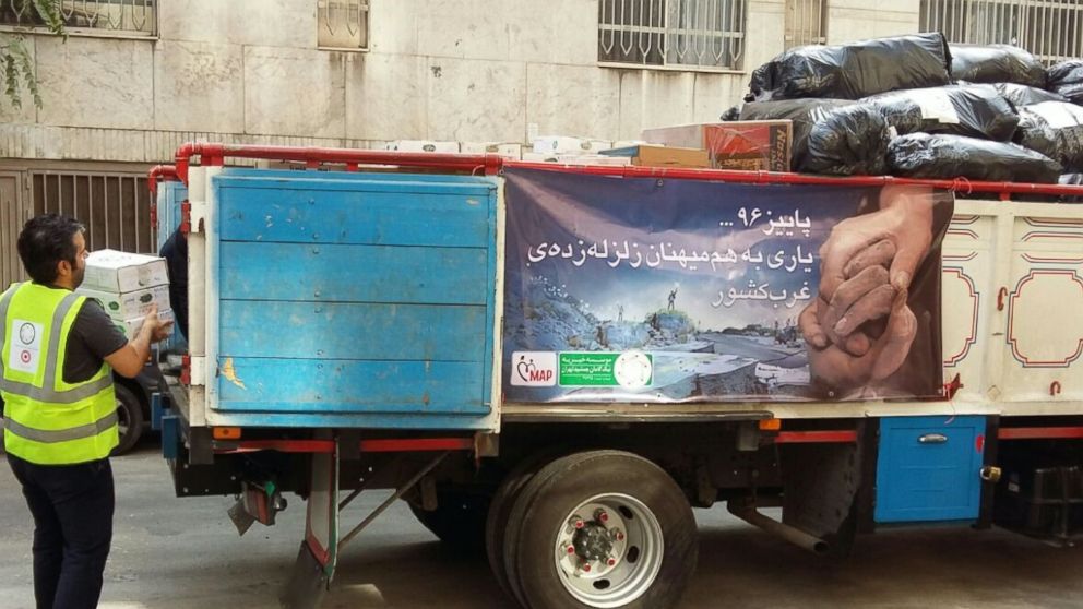 A truck is ready to send the aid packages to the earthquake zones in Iran.