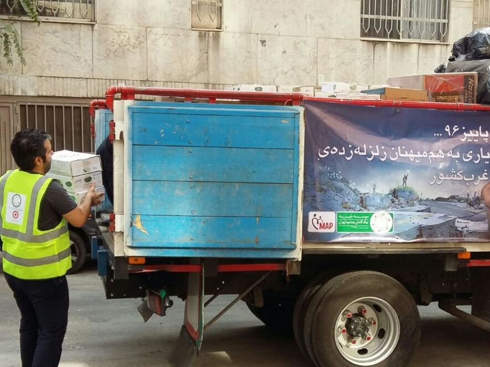 A truck is ready to send the aid packages to the earthquake zones in Iran.