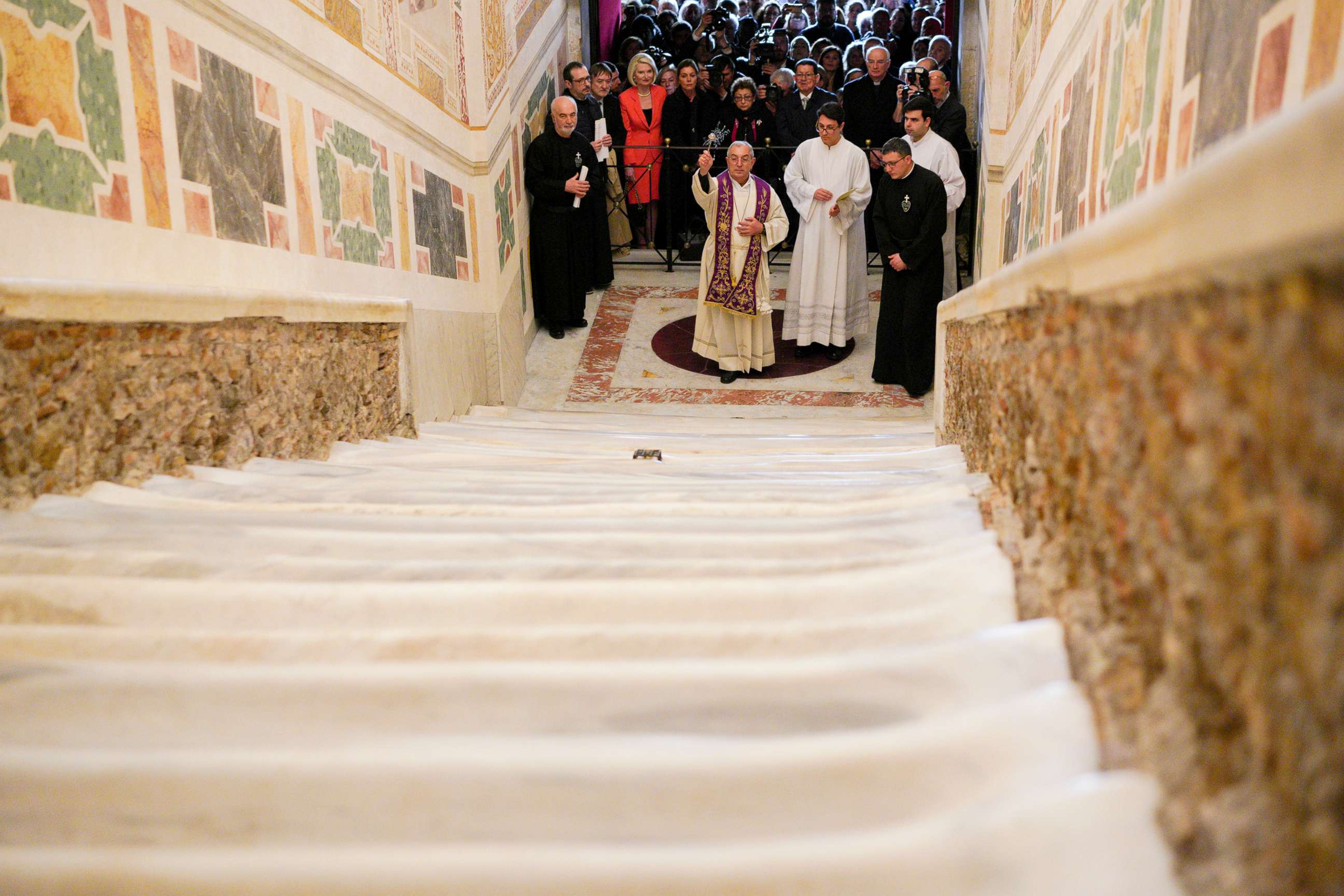 PHOTO:The Cardinal Vicar of Rome, Angelo De Donatis, blesses the restored Holy Stairs (Scala Sancta), which according to Catholic Church is the stair on which Jesus Christ stepped leading on his way to the crucifixion, in Rome, Thursday, April 11, 2019.