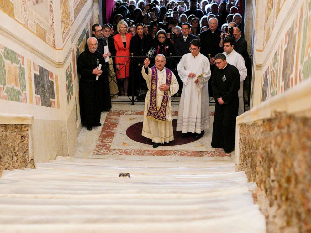 PHOTO:The Cardinal Vicar of Rome, Angelo De Donatis, blesses the restored Holy Stairs (Scala Sancta), which according to Catholic Church is the stair on which Jesus Christ stepped leading on his way to the crucifixion, in Rome, Thursday, April 11, 2019.