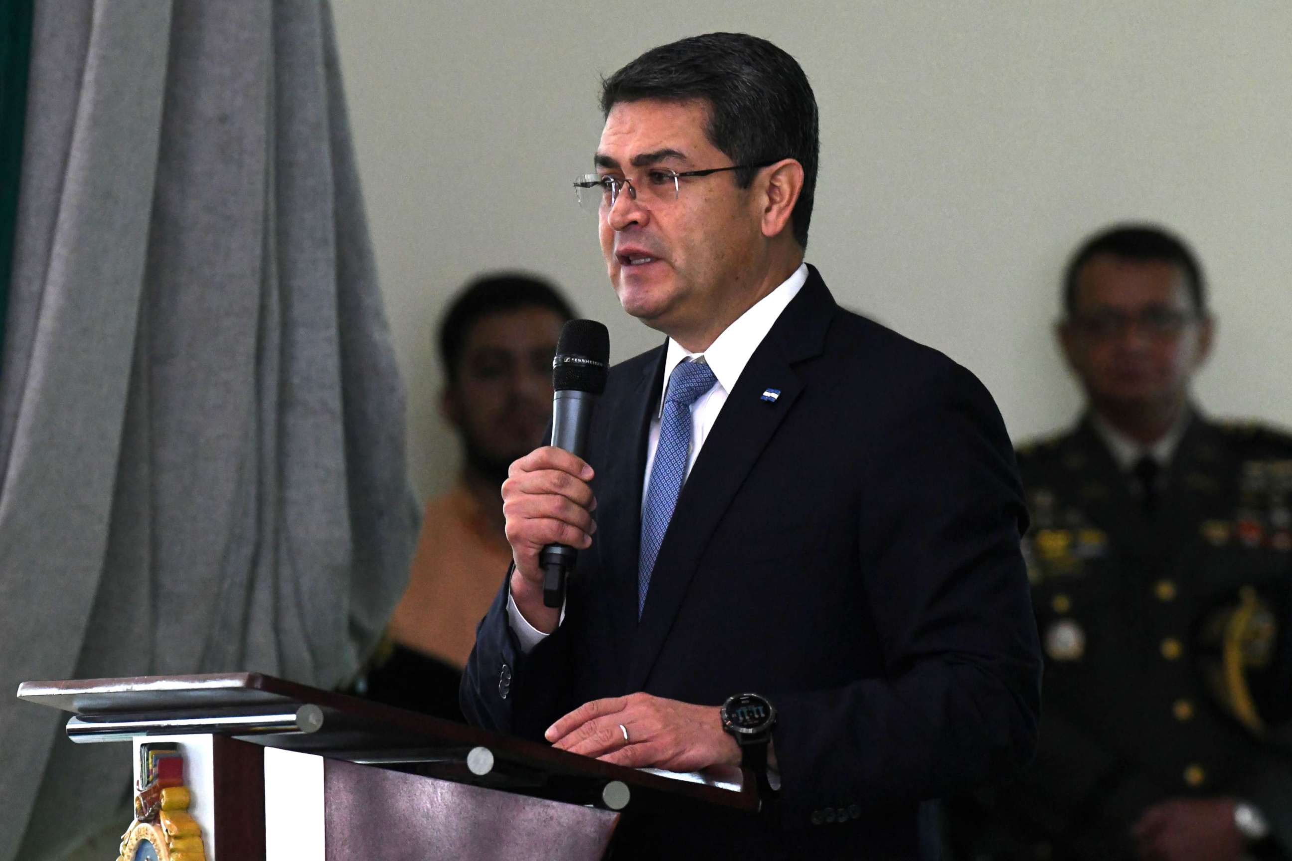 PHOTO: A file photo shows Honduran reelected President Juan Orlando Hernandez, taken on December 21, 2017, delivering a speech during the Honduran Armed Forces' command handover ceremony in Tegucigalpa.