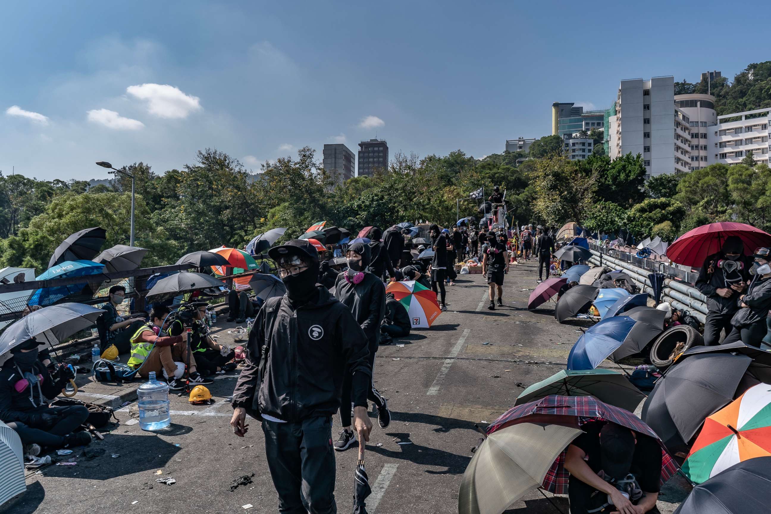 PHOTO: Pro-democracy demonstrators occupy the No.2 bridge at Chinese University of Hong Kong, Nov. 13, 2019, in Hong Kong.