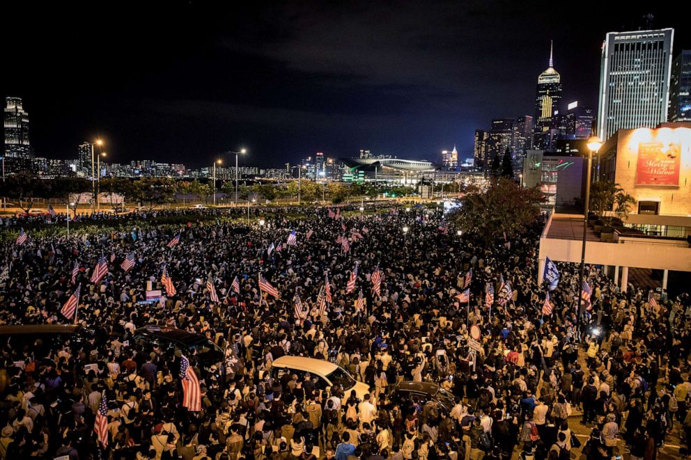 PHOTO: Pro-democracy demonstrators take part in a Thanksgiving Day rally, Nov. 28, 2019, in Hong Kong.