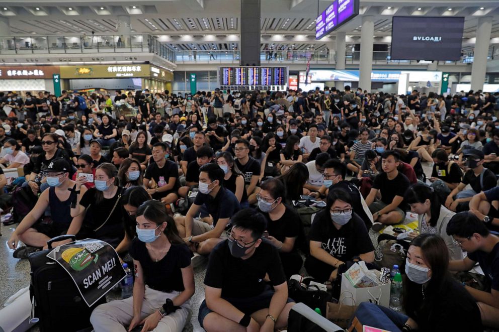 PHOTO: Thousands take part in a second day of sit-in protest at the airport in Hong Kong on Saturday, Aug. 10, 2019. 