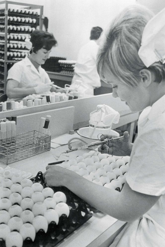 PHOTO: A lab assistant inoculates fertile eggs with Hong Kong influenza virus at a drug company in West Point, Pa., Nov. 20, 1968. This is one step in the production of the much needed flu vaccine.