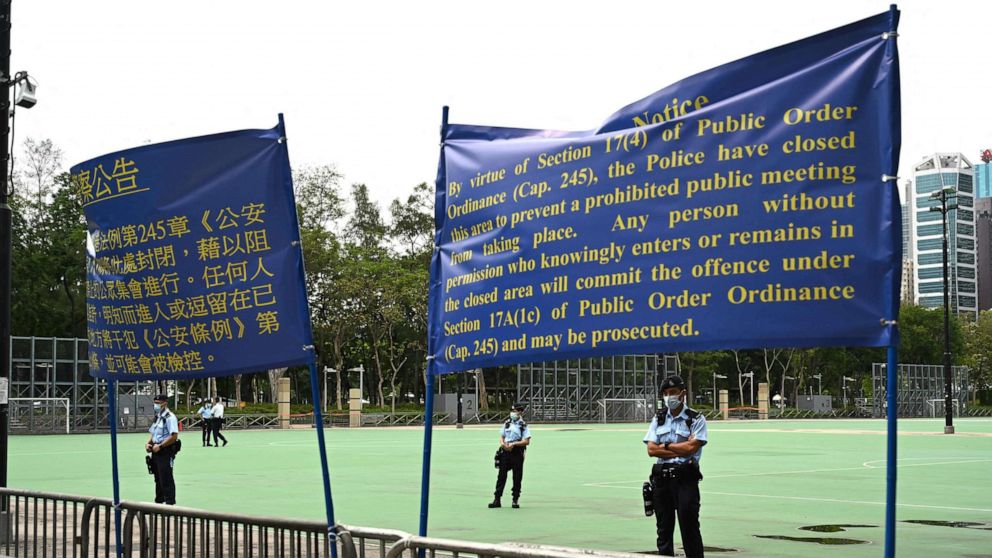 PHOTO: Police patrol at Victoria Park in the Causeway Bay district of Hong Kong on June 4, 2021, after closing the venue where Hong Kong people traditionally gather annually to mourn the victims of China's Tiananmen Square crackdown in 1989.
