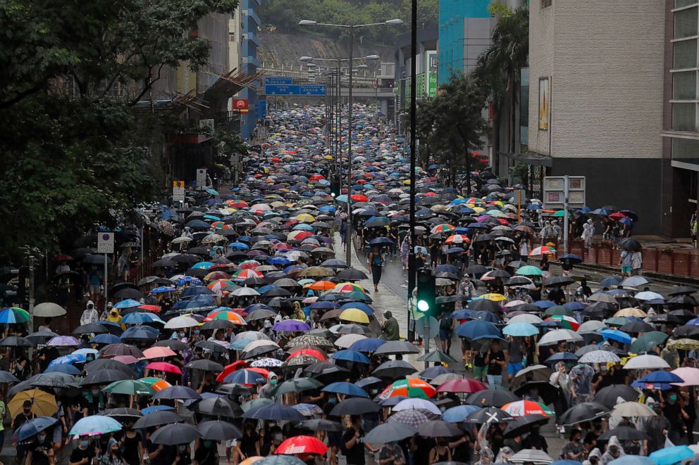 PHOTO: Thousands of demonstrators march in the rain in Hong Kong, Aug. 25, 2019.