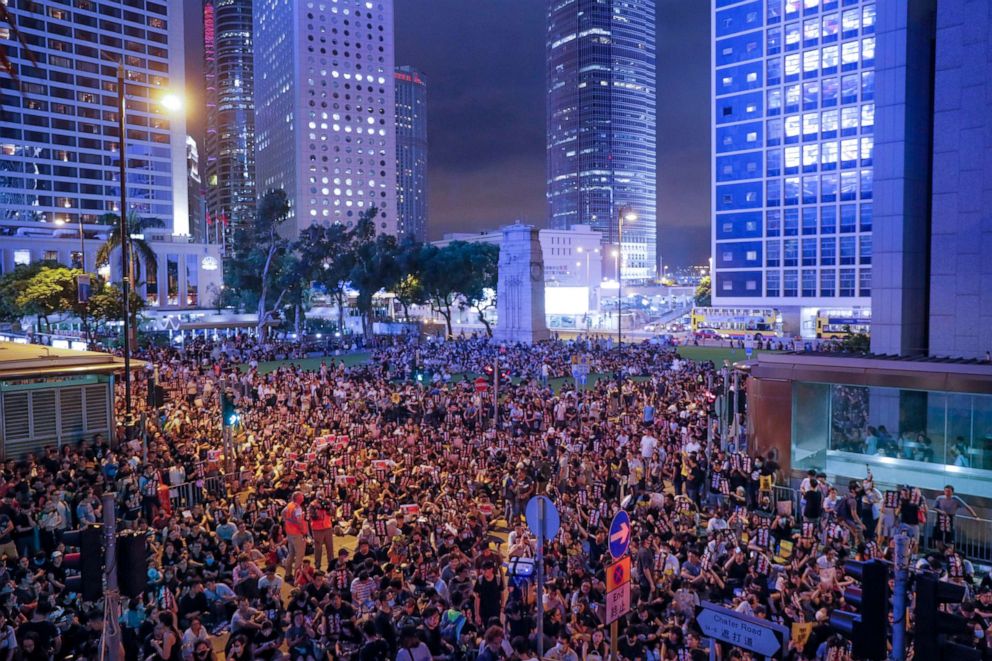 PHOTO: Pro-democracy protesters gather to participate in a rally organized by higher education students in Chater Garden in Hong Kong, Aug. 16, 2019.