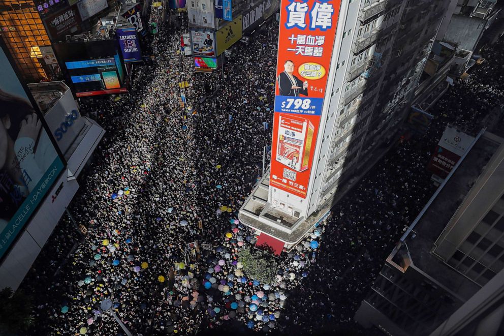 PHOTO: Ten of thousands of protesters flood the streets during a rally in Hong Kong, July 1, 2019.