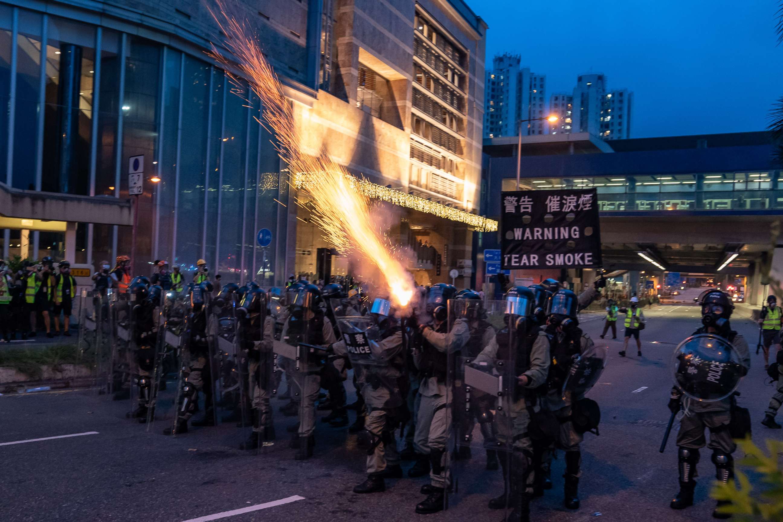 PHOTO: Riot police fire tear gas during a clearing at a demonstration in Tai Wan on Saturday, Aug. 10, 2019 in Hong Kong.