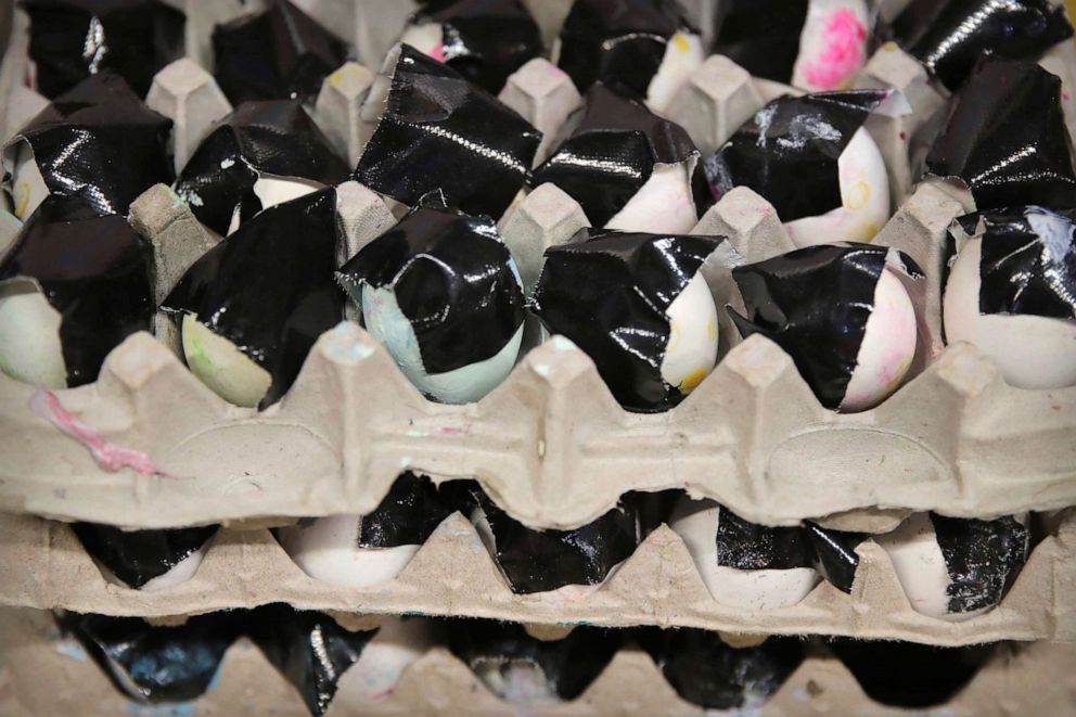 PHOTO: Eggs filled with paint by protesters sit in containers at the Hong Kong Polytechnic University in Hong Kong, Nov. 15, 2019.