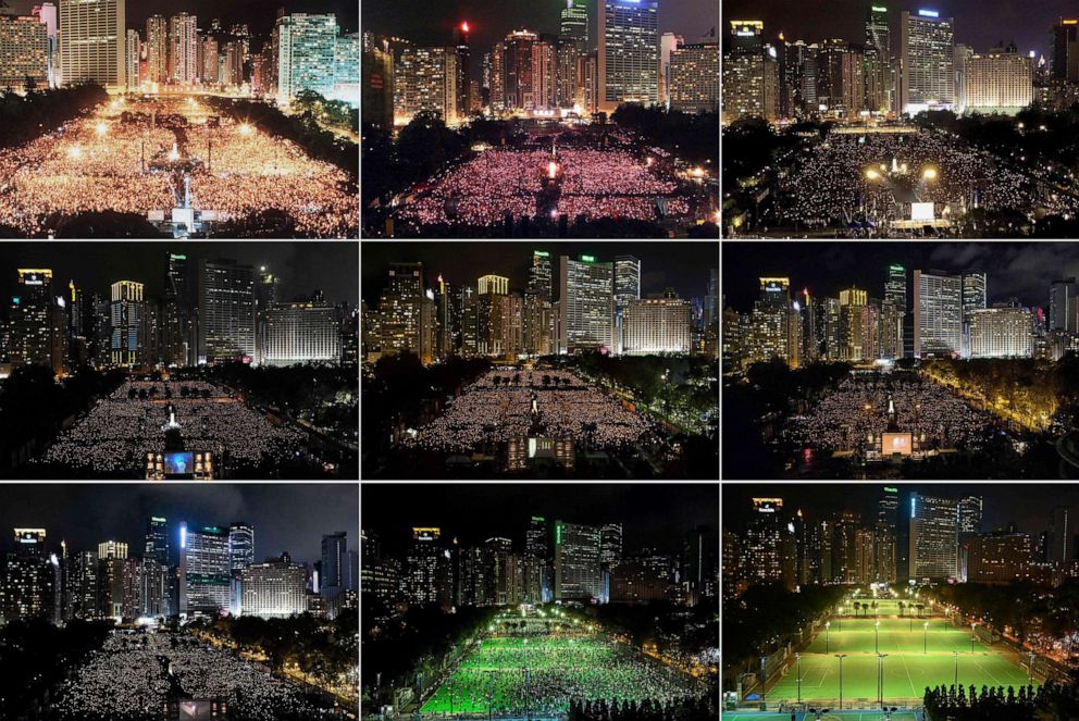 PHOTO: This combination of file photos taken on various dates from 1990 to 2021 shows activists attending a candlelit vigil at Victoria Park in Hong Kong to mark the 1989 Tiananmen Square crackdown in Beijing, and vigils being banned due to COVID-19.