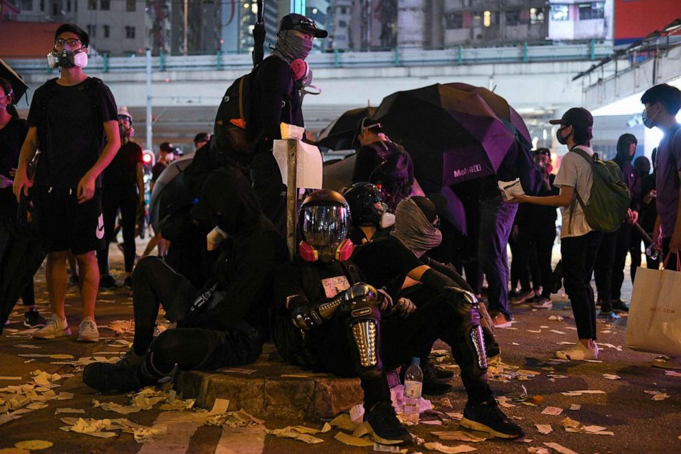 PHOTO:Protesters rest during a lull in clashes with police in Hong Kong on Oct. 1, 2019.