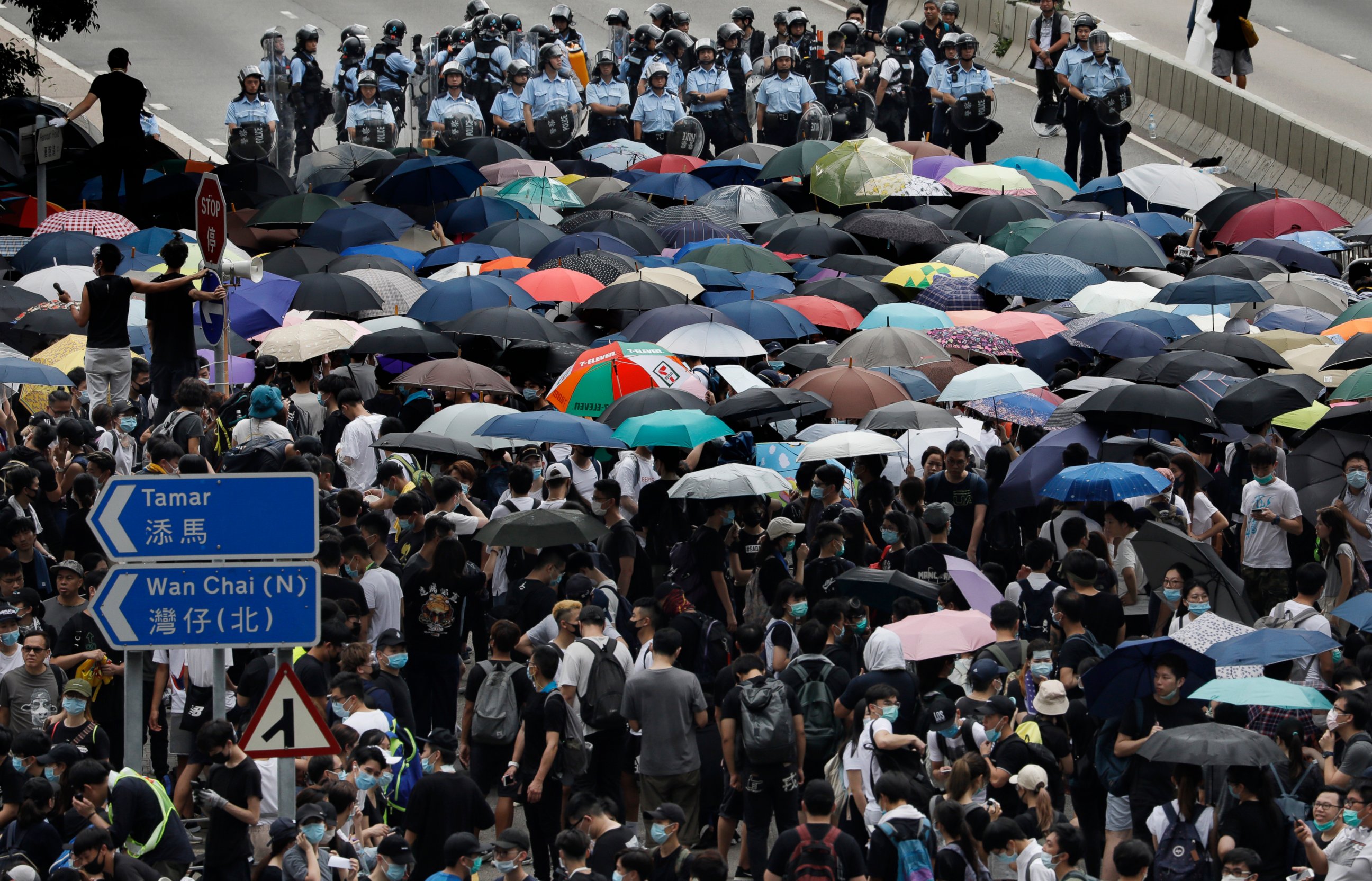 PHOTO: Protesters gather outside the Legislative Council in Hong Kong, Wednesday, June 12, 2019.