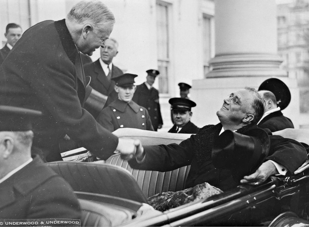 PHOTO: President Herbert Hoover, left with his successor Franklin D. Roosevelt at his inauguration in Washington, March 4, 1933.