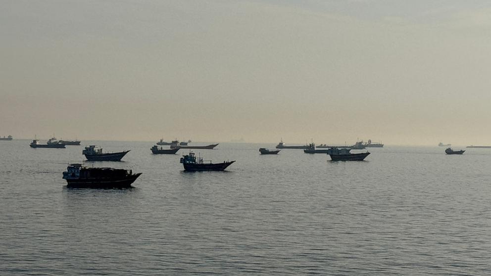 PHOTO: Vessels are seen anchored in the Strait of Hormuz, off the port city of Khasab on Oman's northern Musandam Peninsula on May 17, 2026.