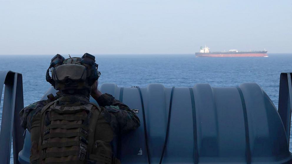 PHOTO: U.S. Marines from the 31st Marine Expeditionary Unit and sailors assigned to amphibious transport dock ship USS New Orleans support blockade operations against Iran, April 16, 2026.