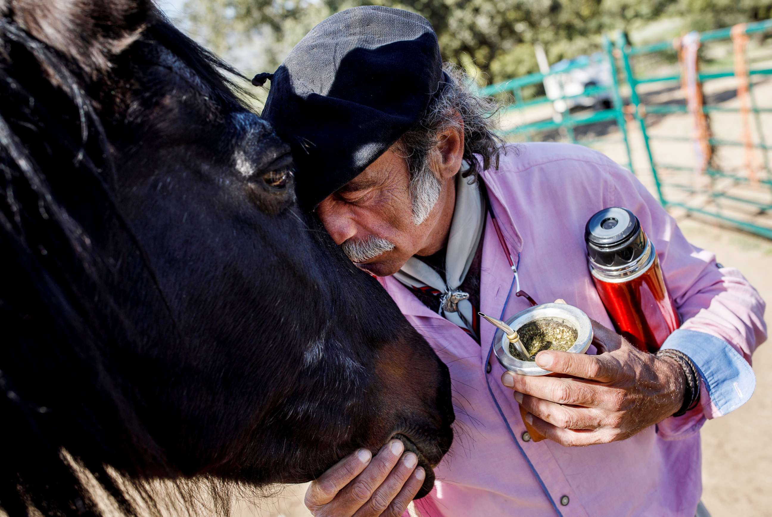 PHOTO:Fernando Noailles, emotional therapist, kisses his horse named Madrid in Guadalix de la Sierra, Spain, April 27, 2018.