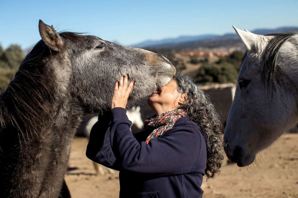 PHOTO: Loreto Garcia, patient of emotional therapist Fernando Noailles, embraces a horse in Guadalix de la Sierra, Spain, Dec. 4, 2017.