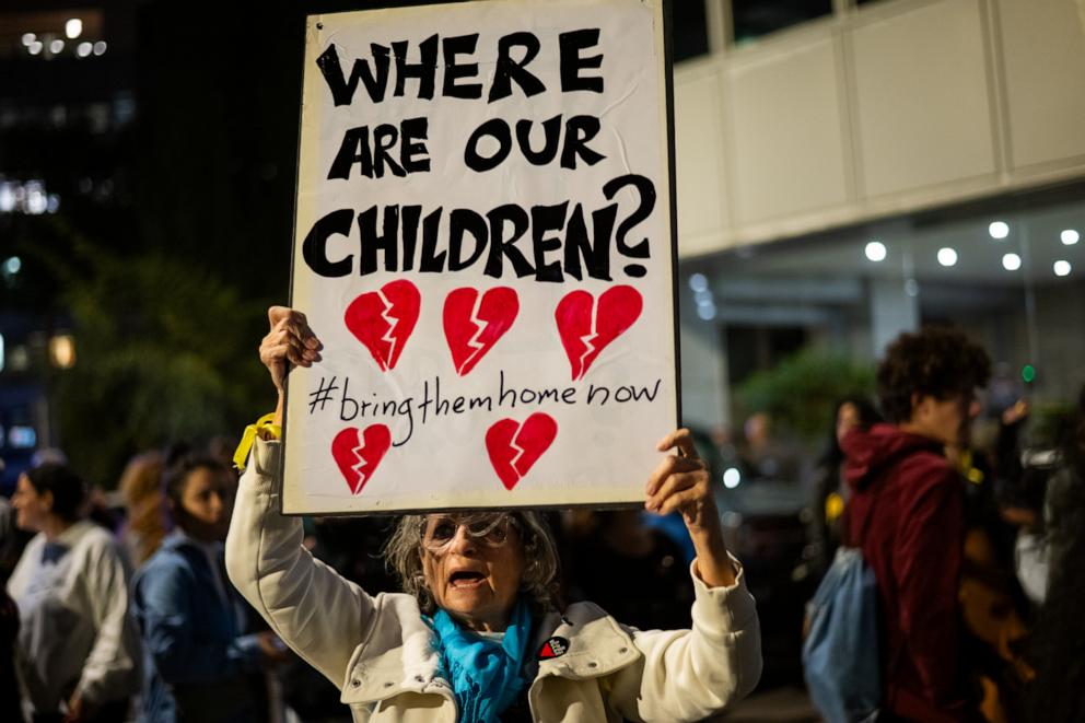 PHOTO: The parents and relatives of children kidnapped on Oct. 7, along with families of hostages and their supporters take part in a demonstration to protest 40 children held hostage in Gaza on World's Children Day on Nov. 20, 2023, in Tel Aviv, Israel. 