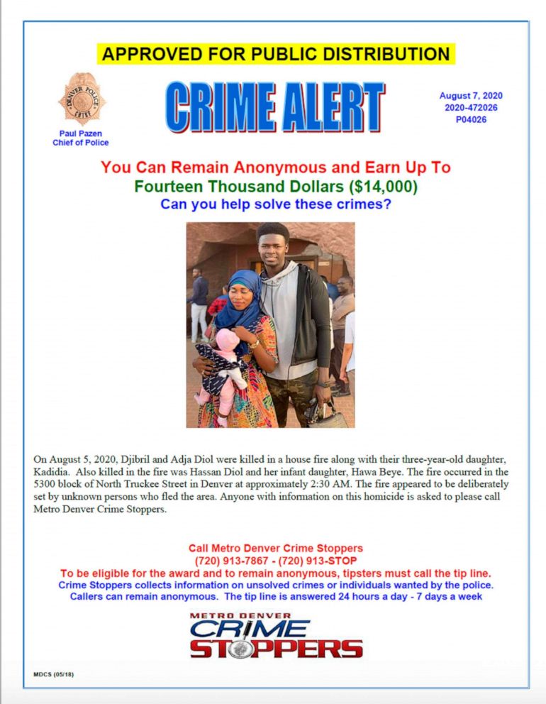 PHOTO: The Denver Police Department released this poster seeking help finding a suspected arsonist of a house fire in which five people were found dead in Denver on Aug. 5, 2020.