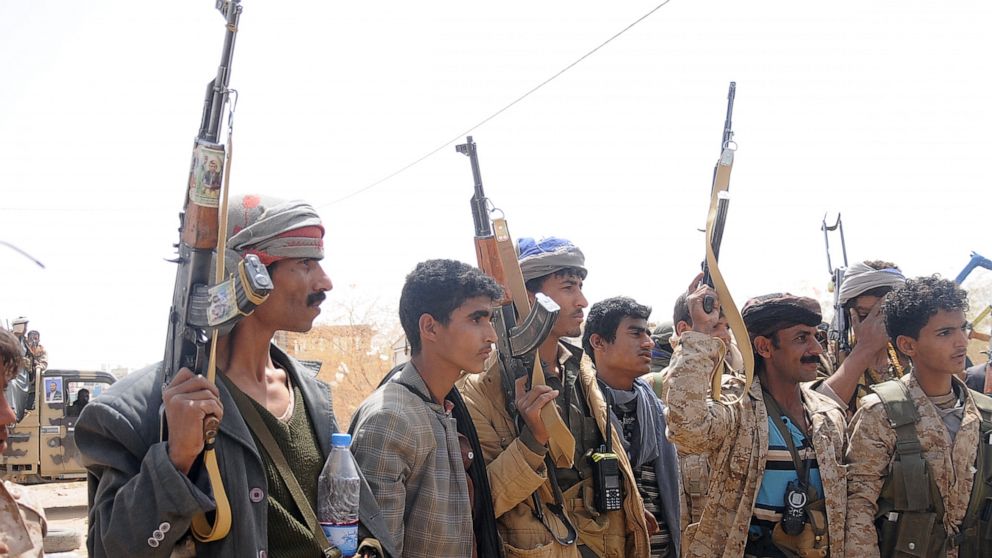 PHOTO: Houthi fighters gather at a recently captured area following heavy fighting with forces loyal to the internationally recognized government on March 2, 2020, in Al-Jawf province, Yemen.