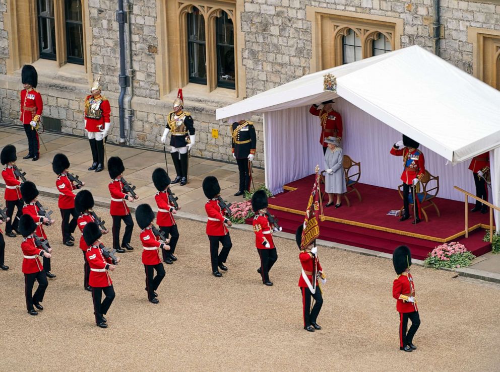 PHOTO: Queen Elizabeth II attends a ceremony  to mark her official birthday at Windsor Castle in Berkshire, June 12, 2021.