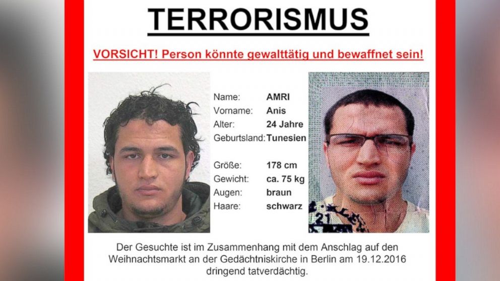 PHOTO: German officials have released this poster, saying that Anis Amri, 24, of Tunisia, is wanted in connection with the attack on a Christmas market in Berlin, Germany, on Dec. 19, 2016.