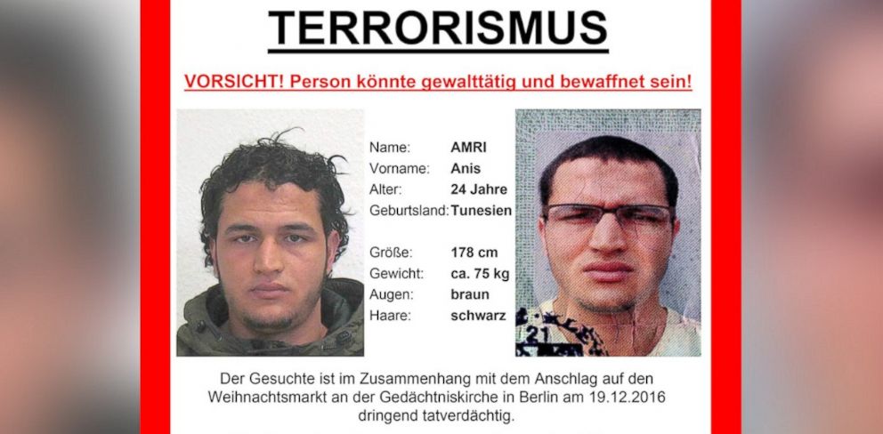 PHOTO: German officials have released this poster, saying that Anis Amri, 24, of Tunisia, is wanted in connection with the attack on a Christmas market in Berlin, Germany, on Dec. 19, 2016.