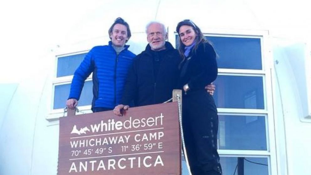 PHOTO: Buzz Aldrin is pictured with Patrick and Robyn Woodhead, the CEO and COO, respectively, of White Desert Antarctica, the tour company the former astronaut traveled to the South Pole with.
