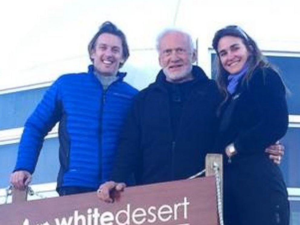 PHOTO: Buzz Aldrin is pictured with Patrick and Robyn Woodhead, the CEO and COO, respectively, of White Desert Antarctica, the tour company the former astronaut traveled to the South Pole with.
