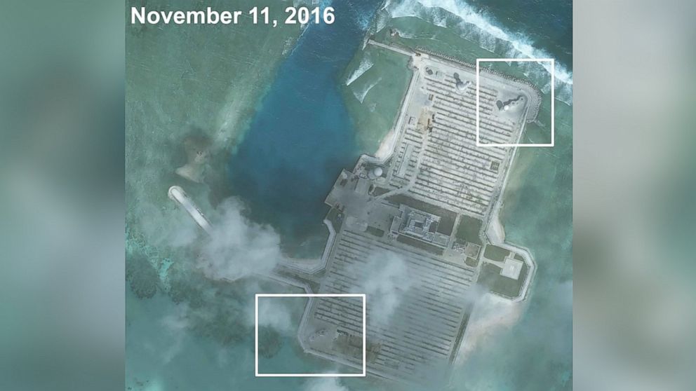 PHOTO: Satellite images taken in November 2016 appear to show evidence of Chinese military defenses on artificial islands in the South China Sea. Pictured: Nov. 11, 2016.