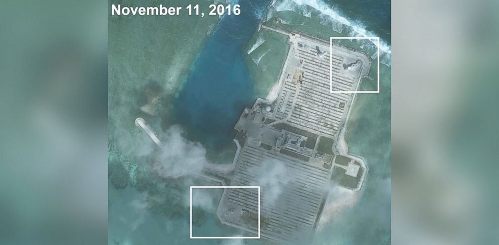 PHOTO: Satellite images taken in November 2016 appear to show evidence of Chinese military defenses on artificial islands in the South China Sea. Pictured: Nov. 11, 2016.