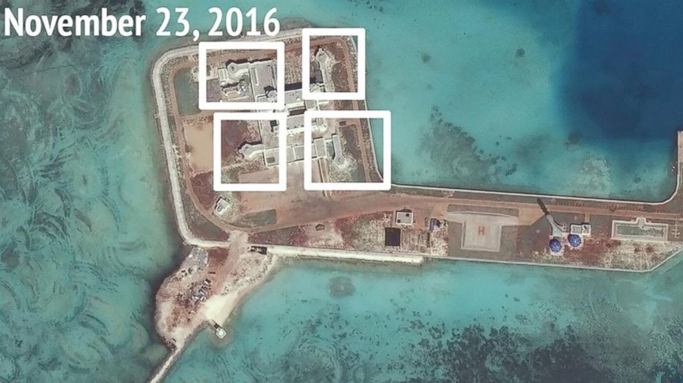 PHOTO: Satellite images taken in November 2016 appear to show evidence of Chinese military defenses on artificial islands in the South China Sea. Pictured: Nov. 23, 2016.