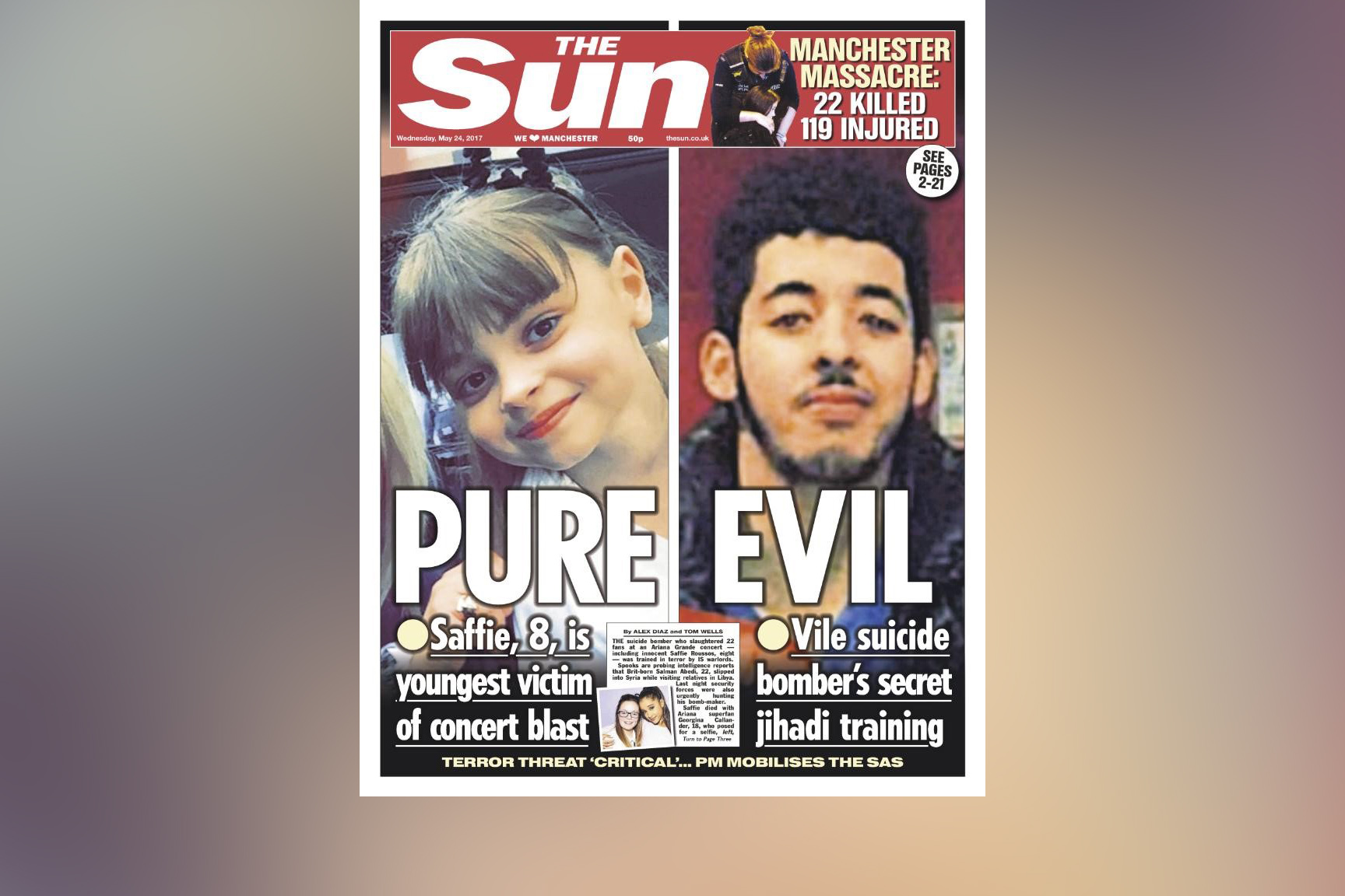 PHOTO: The cover of the May 24, 2017 issue of the British newspaper The Sun, features a photo of suspected attacker Salman Abedi. 