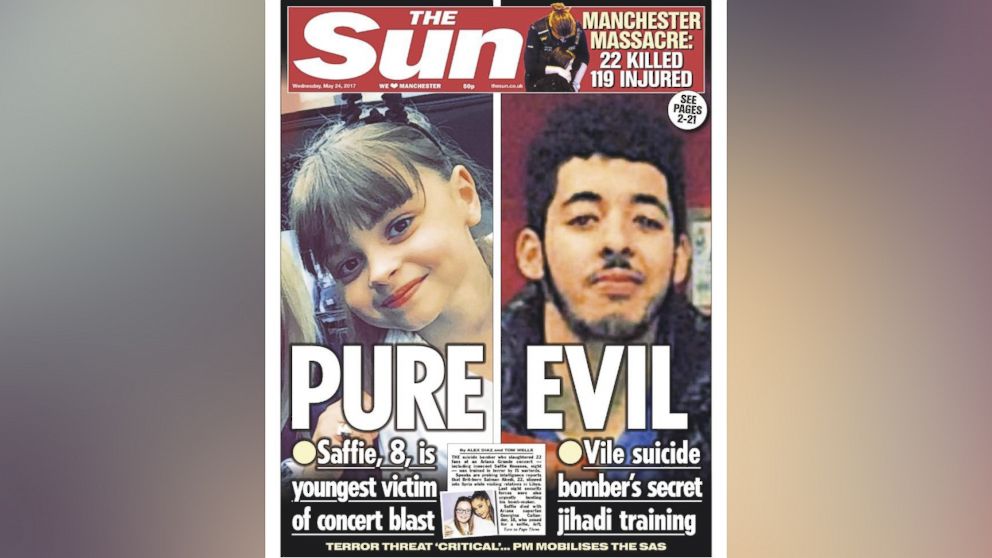 PHOTO: The cover of the May 24, 2017 issue of the British newspaper The Sun, features a photo of suspected attacker Salman Abedi. 