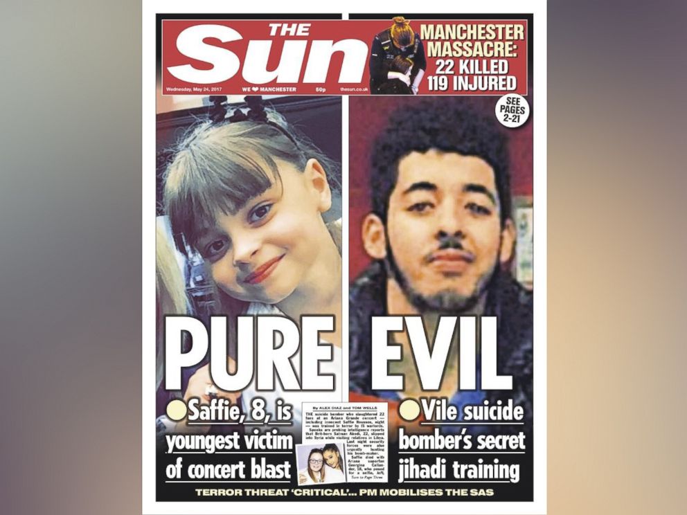 PHOTO: The cover of the May 24, 2017 issue of the British newspaper The Sun, features a photo of suspected attacker Salman Abedi.