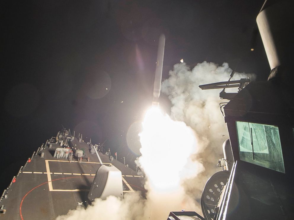 PHOTO: The USS Ross fires a tomahawk land attack missile at Shayrat Airfield in Syria, April 7, 2017.