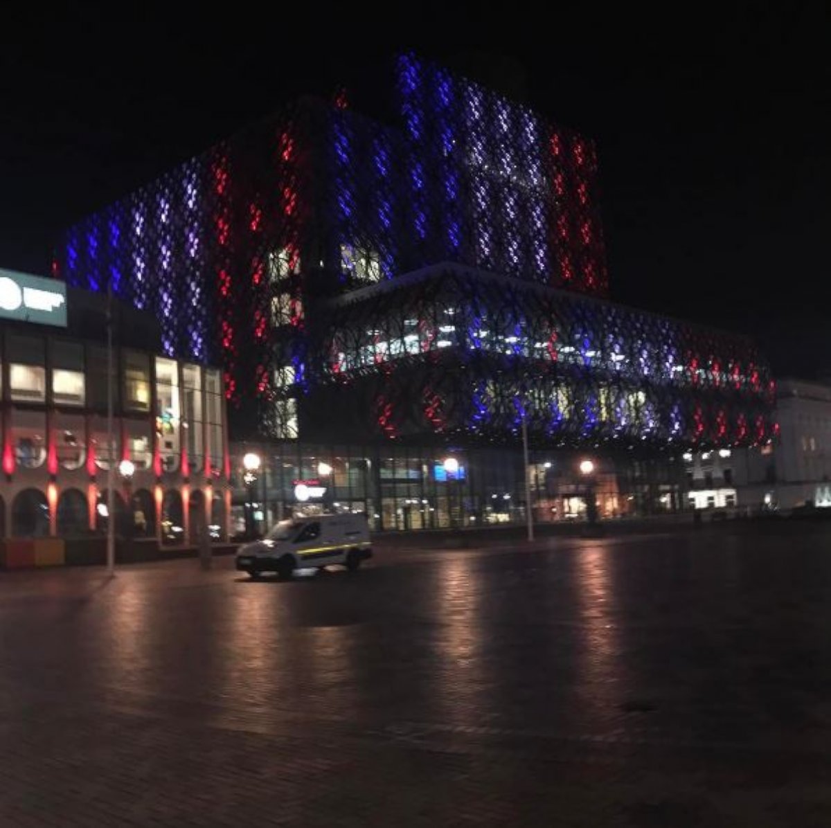 PHOTO: Library of Birmingham in Birmingham, England, is lit up in red, white and blue -- the colors of the Union Jack -- on March 22, 2017, to pay tribute to the victims of the London terror attack that happened earlier in the day. 