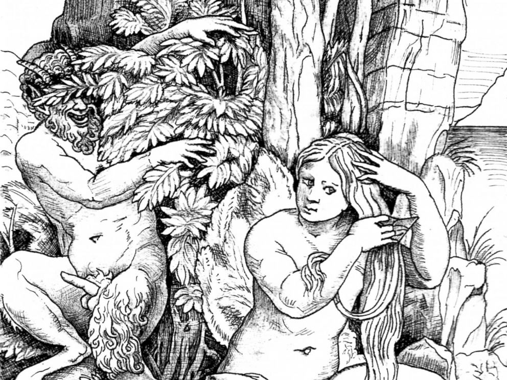 PHOTO: Artists copy of a Renaissance engraving by one of Raphaels students, Marcantonio Raimondi, from the Stufetta. The draping over the nymphs thighs was discreetly added. Today, one key area of the satyrs anatomy has been damaged.