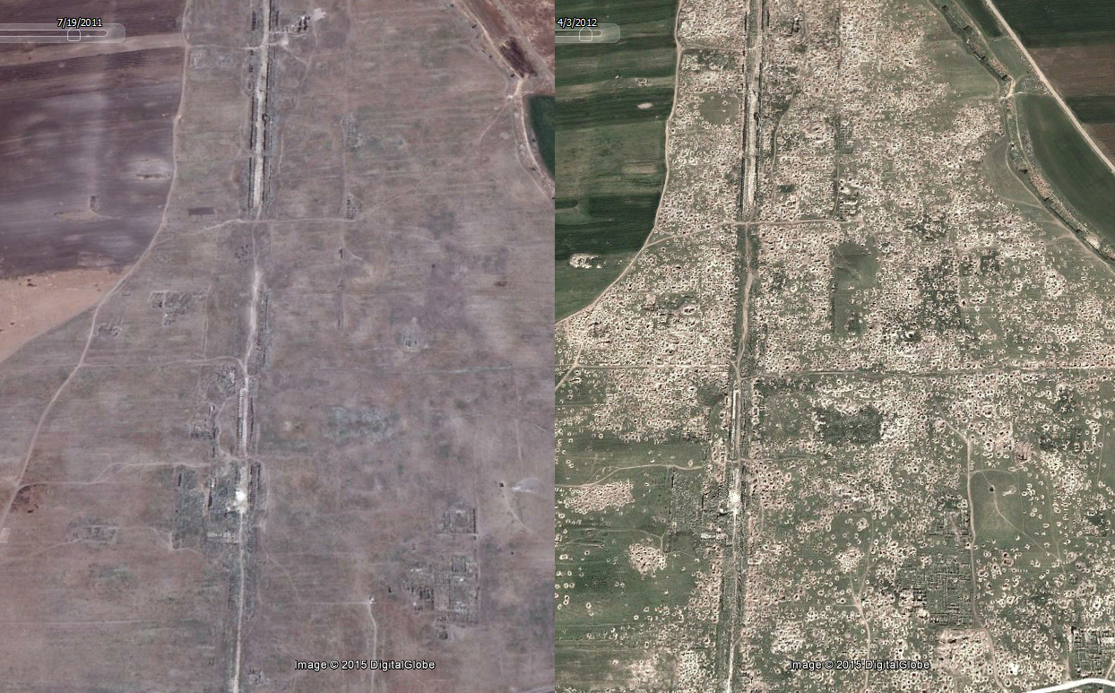 PHOTO: Google Earth satellite photos taken in 2011 (left) and 2012 (right) show the purported impact of looting on the land.